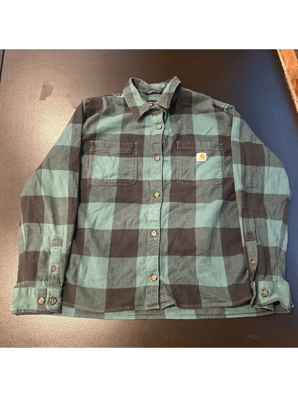Vintage y2k baggy Carhartt Rugged Flex Loose Fit XL Flannel Shirt Green and Blac